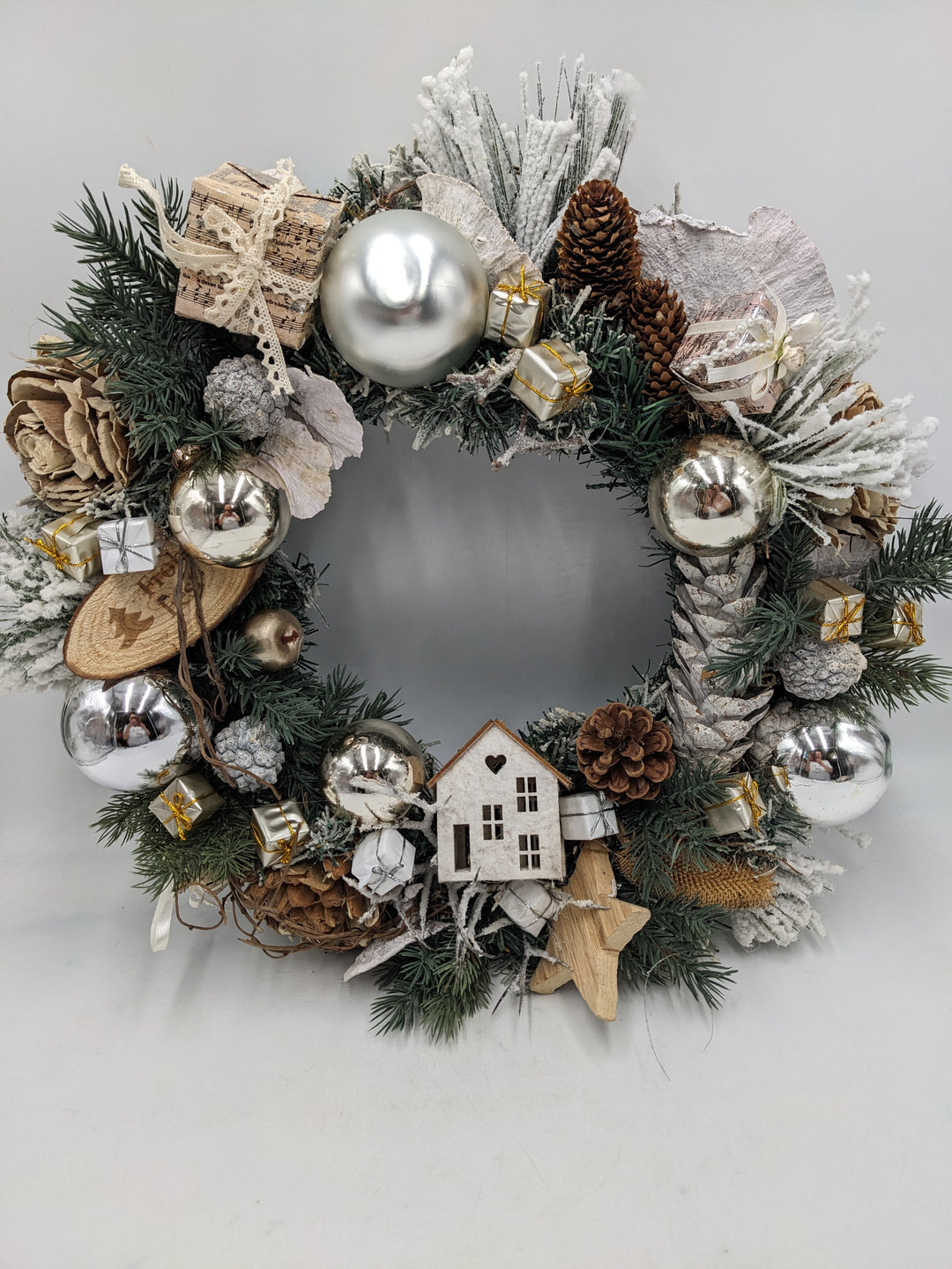Weihnachten Türkranz creme silber Stern Zapfen