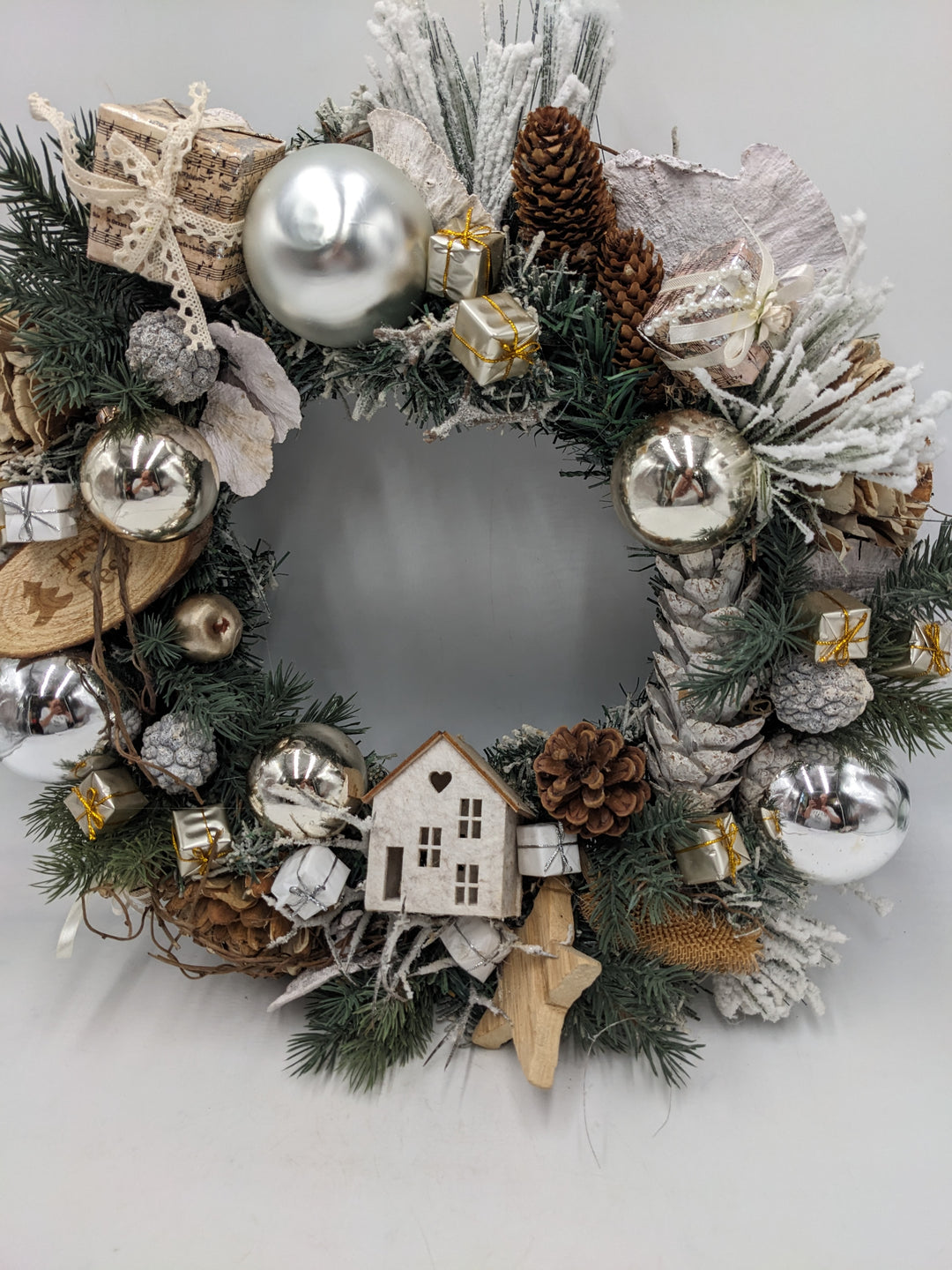 Weihnachten Türkranz creme silber Stern Zapfen