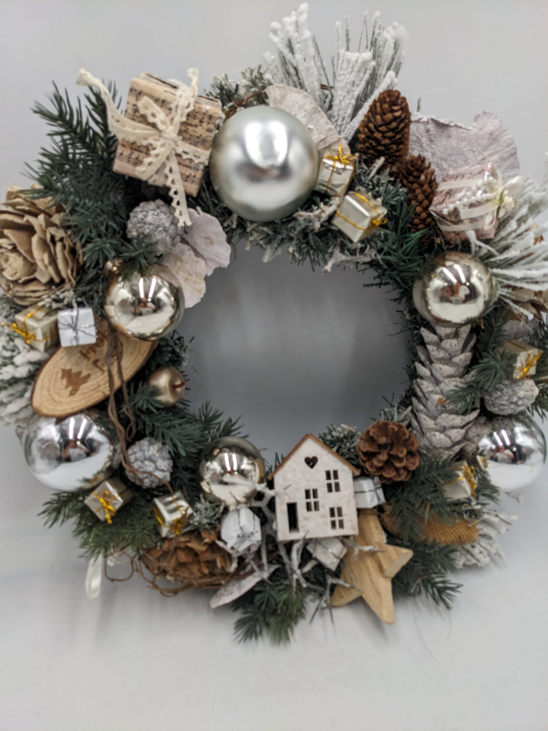 Weihnachten Türkranz creme silber Stern Zapfen
