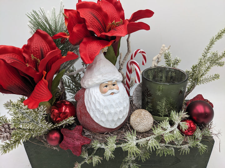 Weihnachtsgesteck Amaryllis Teelicht rot grün
