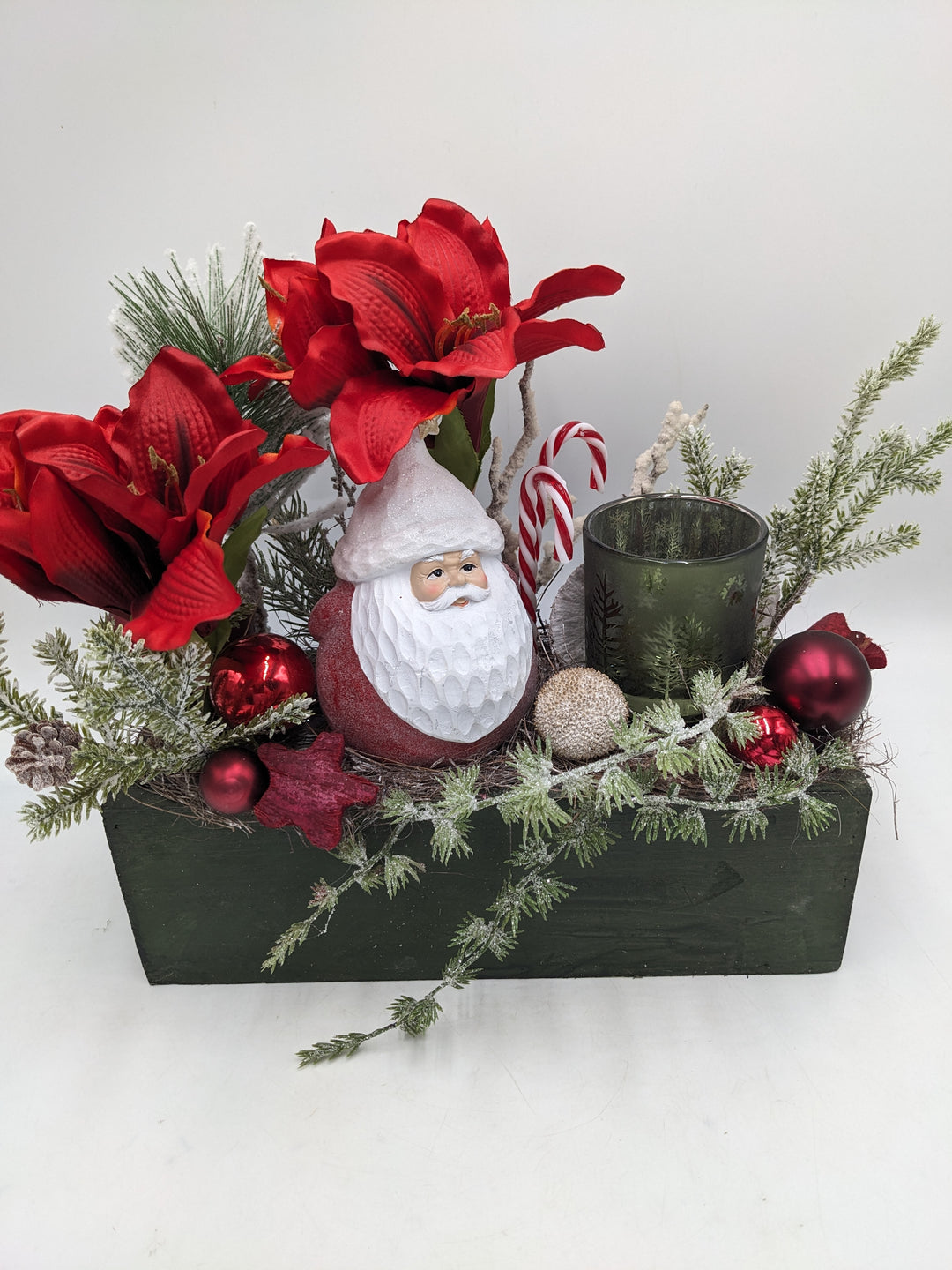 Weihnachtsgesteck Amaryllis Teelicht rot grün