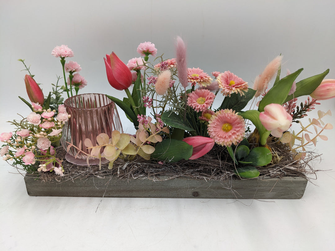 Frühlingsgesteck Tulpen Teelicht, Bellis rosa