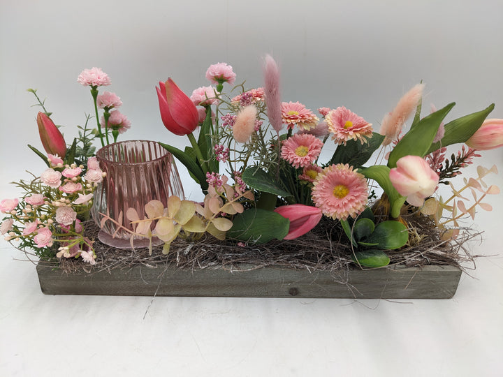 Frühlingsgesteck Tulpen Teelicht, Bellis rosa