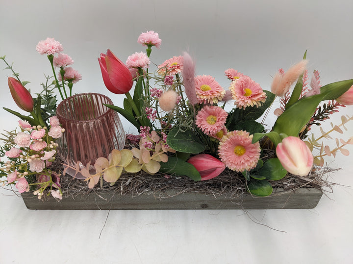Frühlingsgesteck Tulpen Teelicht, Bellis rosa