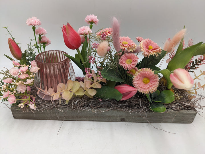 Frühlingsgesteck Tulpen Teelicht, Bellis rosa
