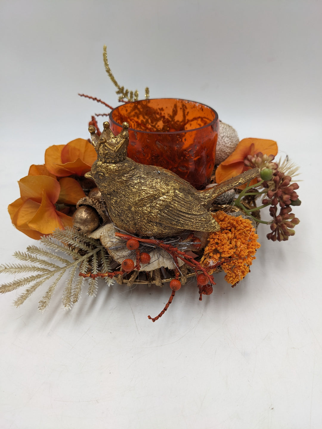 Herbstgesteck Vogel Teelicht Hortensie orange gold