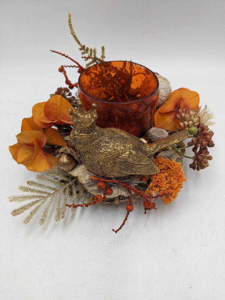 Herbstgesteck Vogel Teelicht Hortensie orange gold