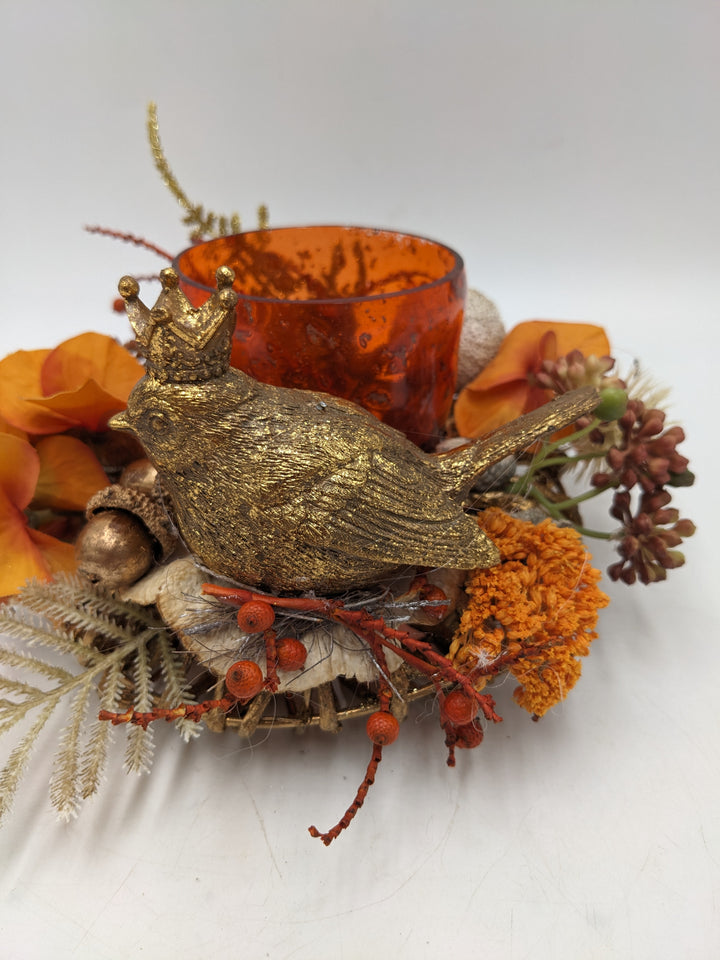 Herbstgesteck Vogel Teelicht Hortensie orange gold