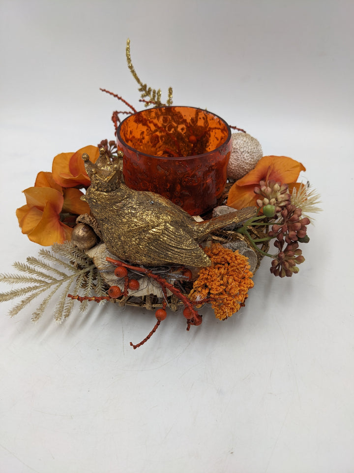 Herbstgesteck Vogel Teelicht Hortensie orange gold
