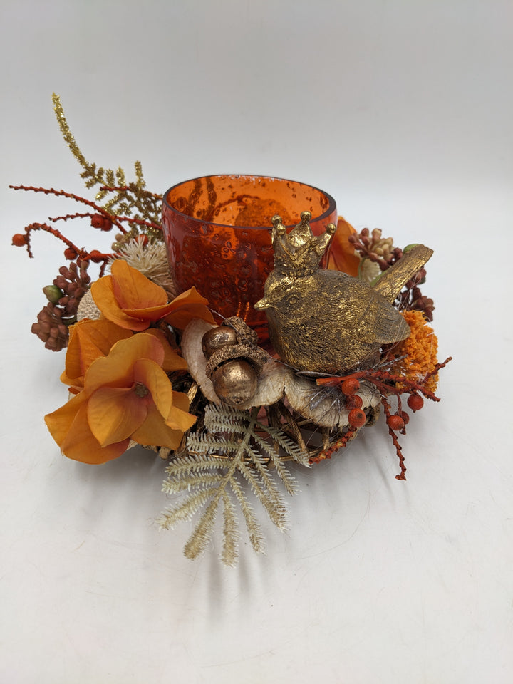 Herbstgesteck Vogel Teelicht Hortensie orange gold