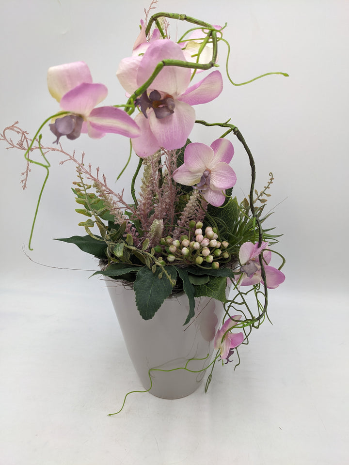 Sommergesteck Orchidee rosa grau