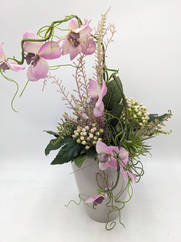 Sommergesteck Orchidee rosa grau