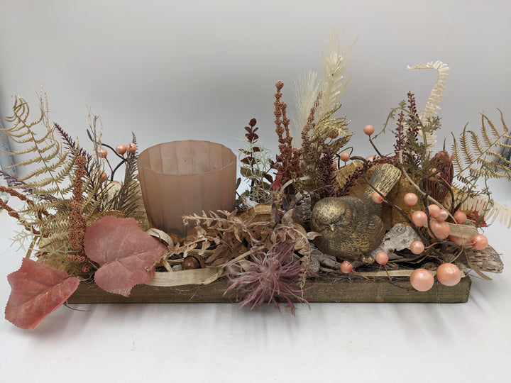 Herbstgesteck Teelicht Vogel Beeren gold