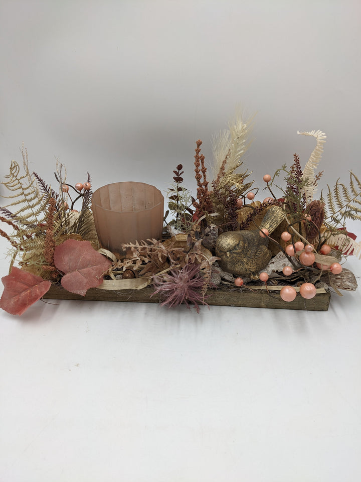 Herbstgesteck Teelicht Vogel Beeren gold