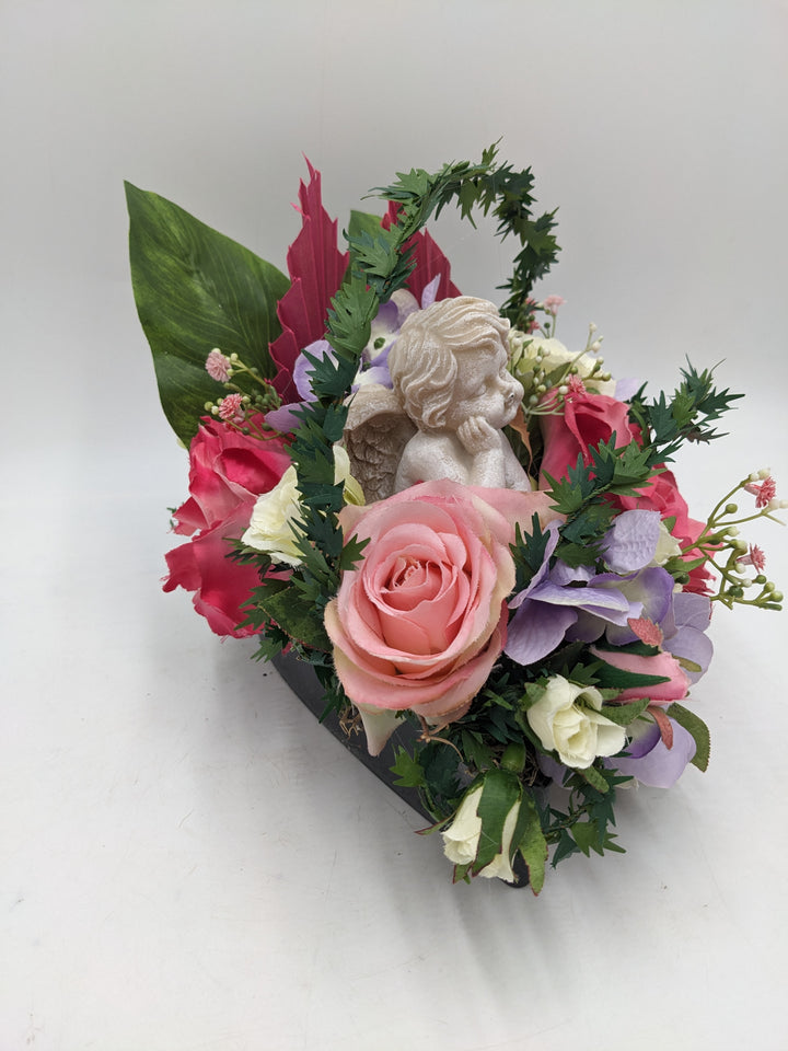Trauergesteck Rosen Engel Herz bunt