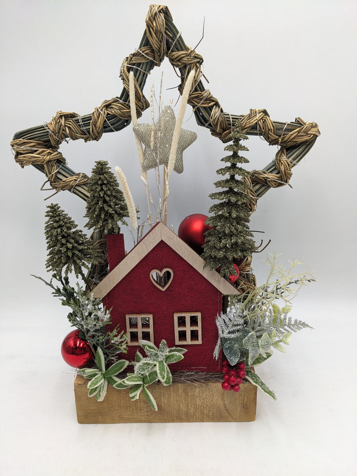 Wintergesteck Weihnachtsgesteck LED Stern Haus Tannen silber