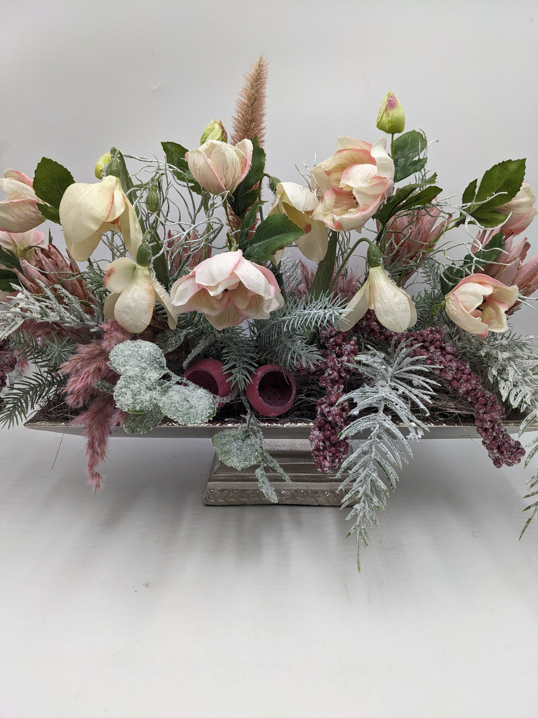 Wintergesteck Silberschale Gräser rosa geeist