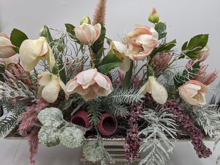 Wintergesteck Silberschale Gräser rosa geeist