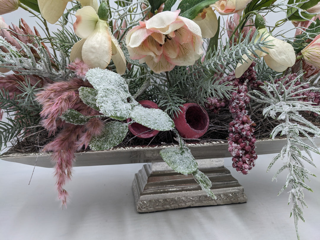 Wintergesteck Silberschale Gräser rosa geeist