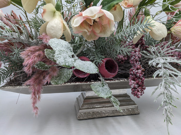 Wintergesteck Silberschale Gräser rosa geeist