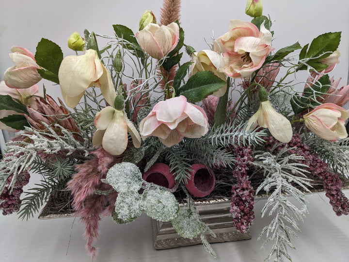 Wintergesteck Silberschale Gräser rosa geeist