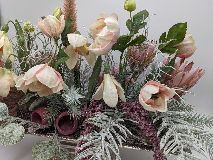 Wintergesteck Silberschale Gräser rosa geeist