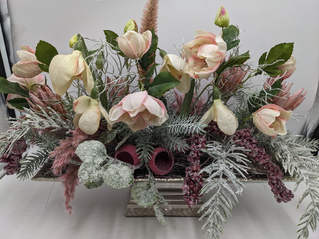 Wintergesteck Silberschale Gräser rosa geeist