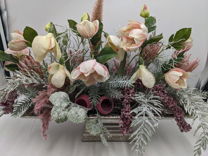 Wintergesteck Silberschale Gräser rosa geeist