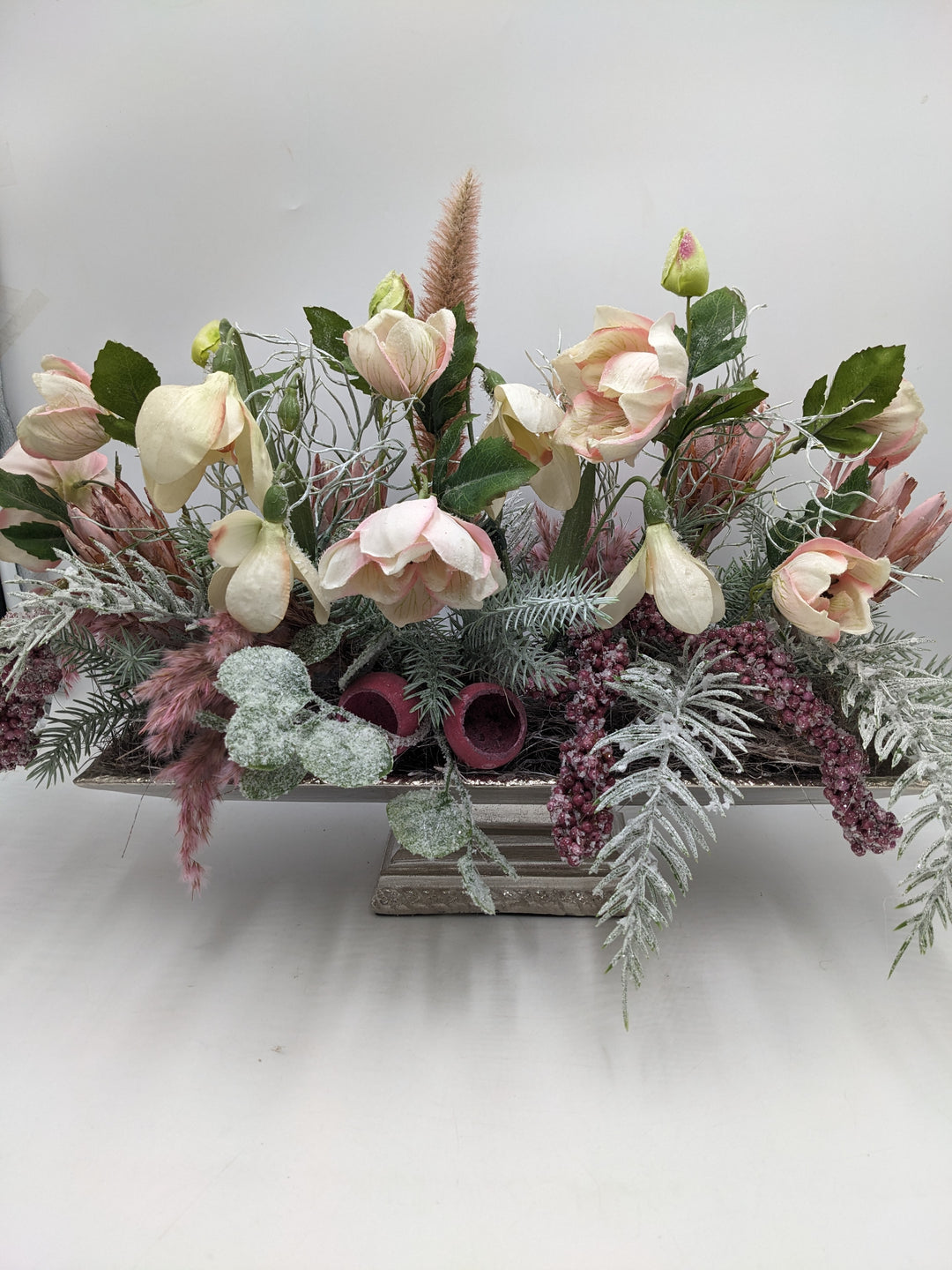 Wintergesteck Silberschale Gräser rosa geeist