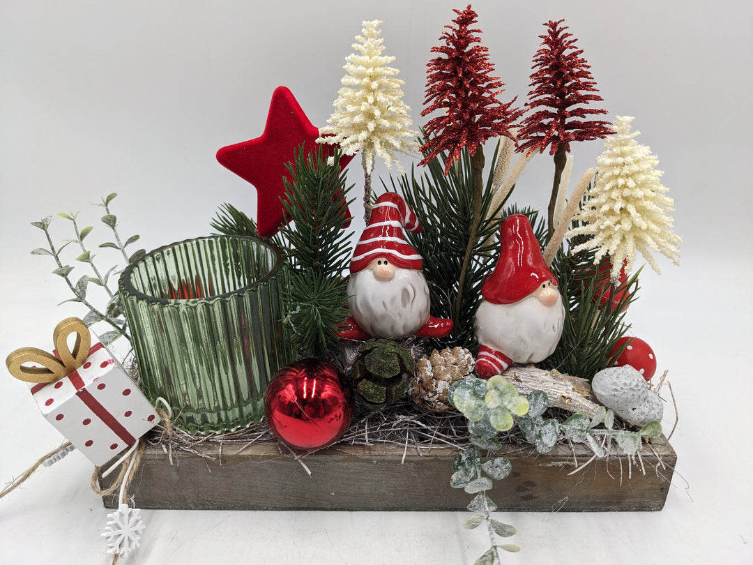 Weihnachtsgesteck Teelicht Bäume Pilze rot grün