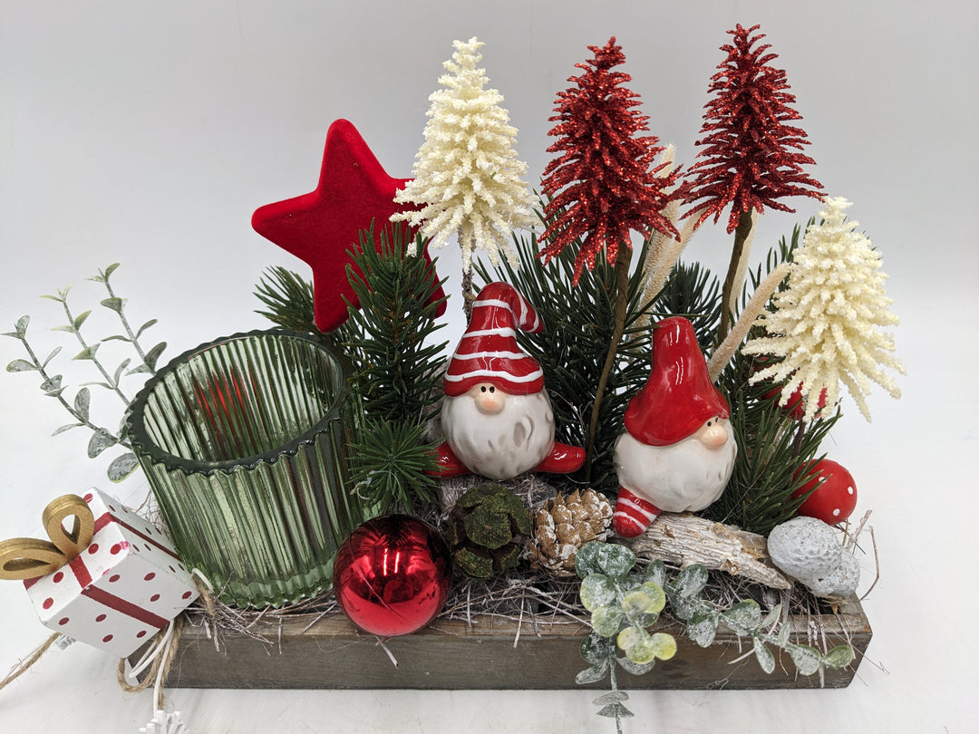 Weihnachtsgesteck Teelicht Bäume Pilze rot grün