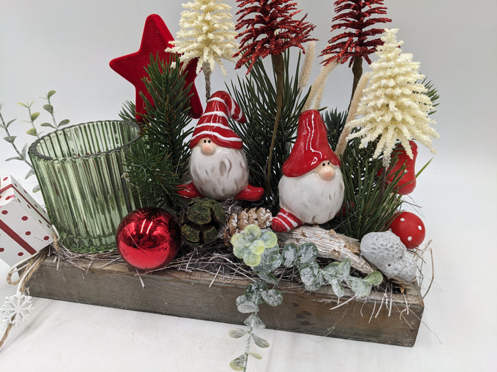 Weihnachtsgesteck Teelicht Bäume Pilze rot grün