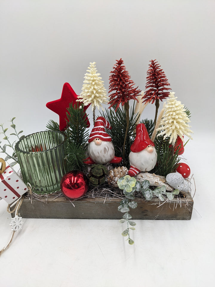 Weihnachtsgesteck Teelicht Bäume Pilze rot grün