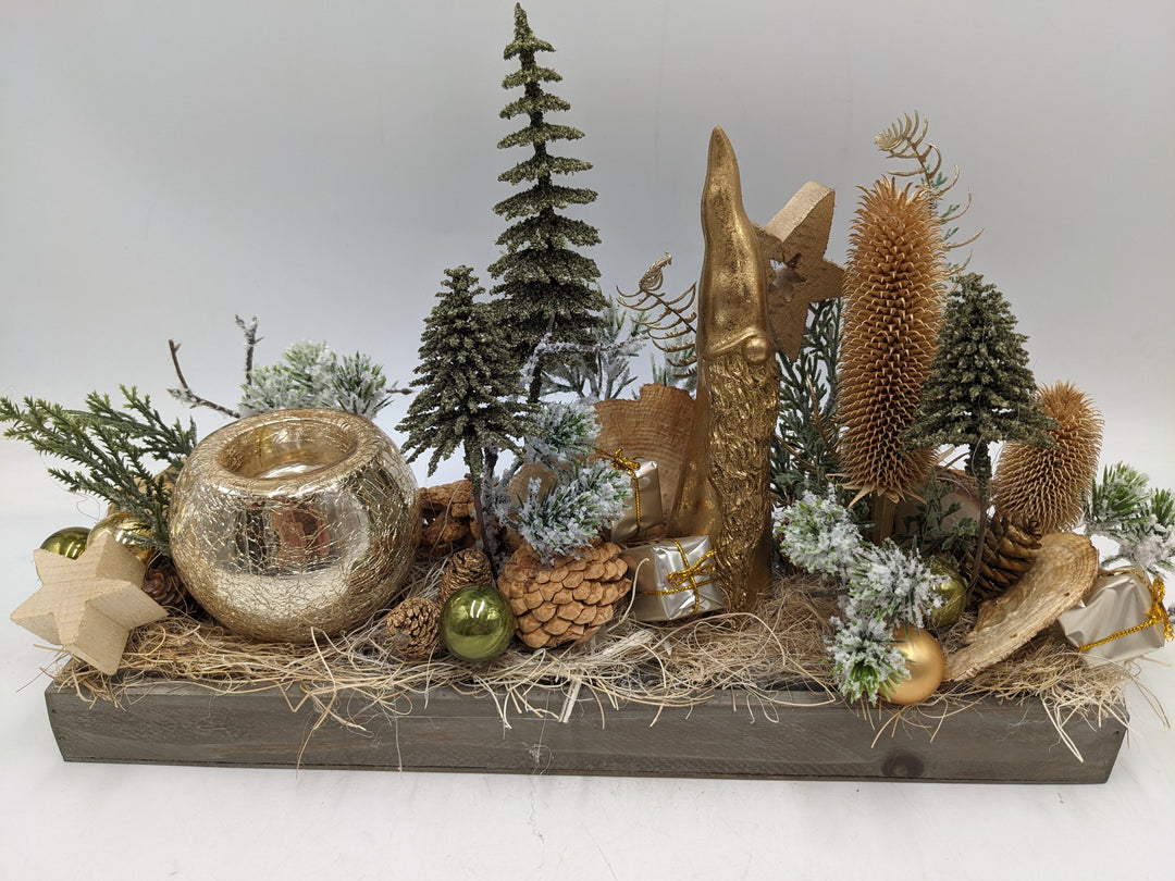 Weihnachtsgesteck Teelicht Bäume Weihnachtsmann gold