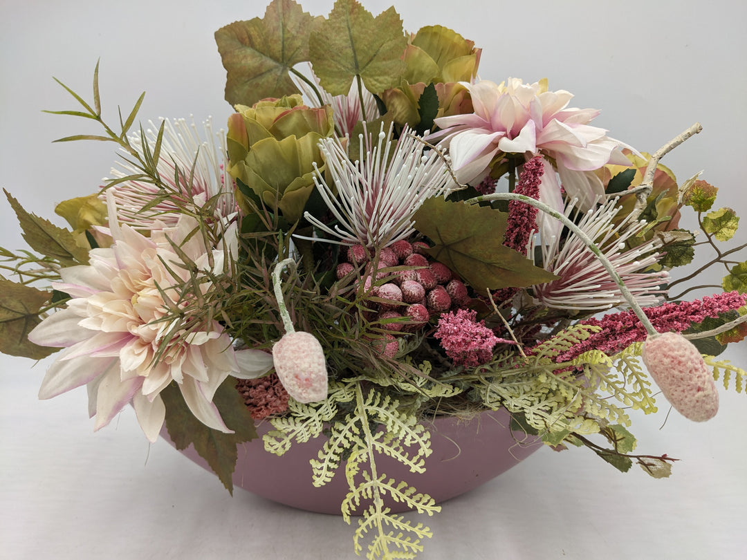 Herbstgesteck Rosen Dahlien Heide Faru rosa