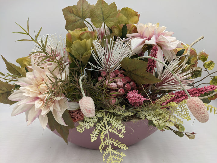 Herbstgesteck Rosen Dahlien Heide Faru rosa