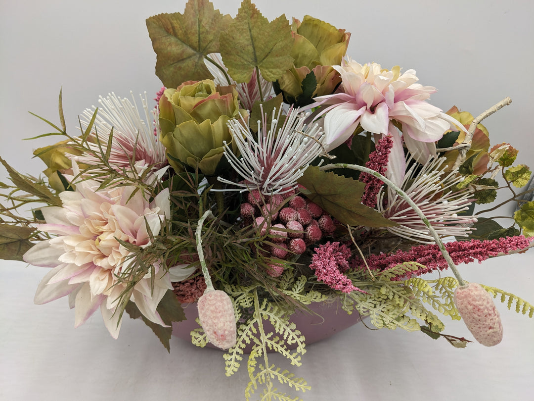 Herbstgesteck Rosen Dahlien Heide Faru rosa