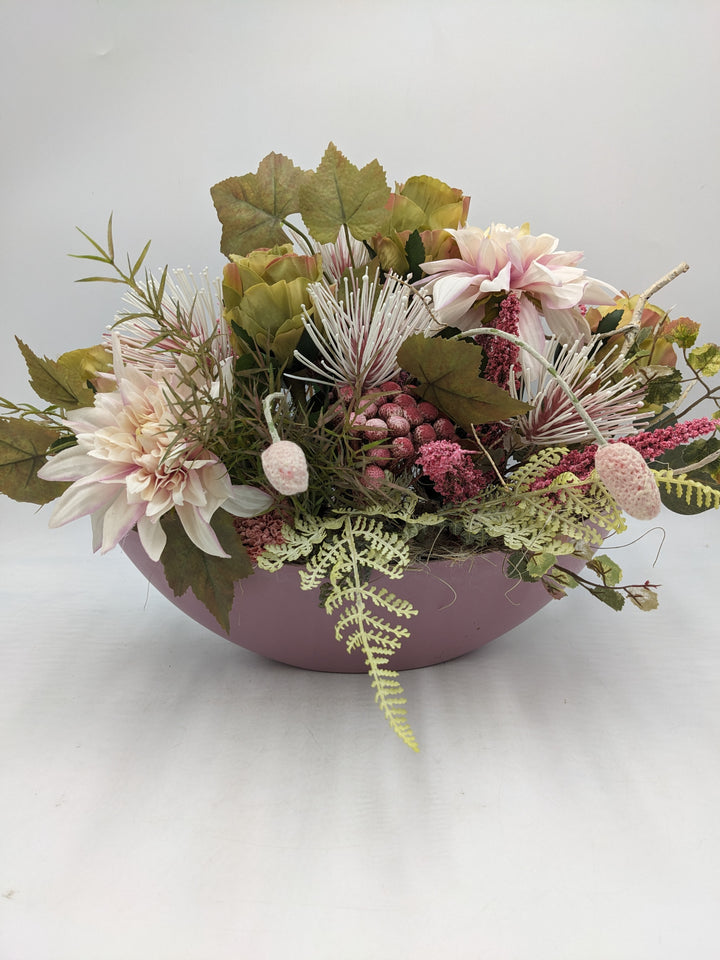 Herbstgesteck Rosen Dahlien Heide Faru rosa