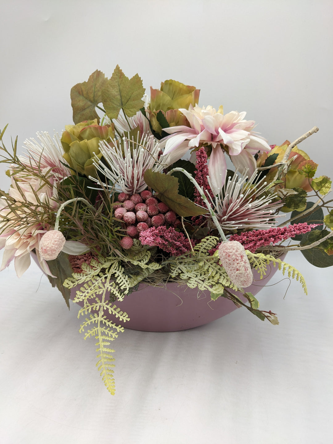 Herbstgesteck Rosen Dahlien Heide Faru rosa