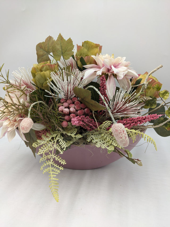 Herbstgesteck Rosen Dahlien Heide Faru rosa