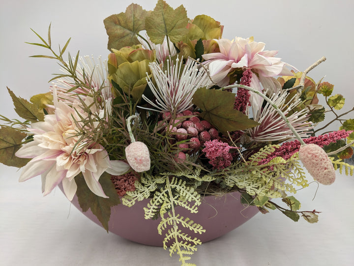 Herbstgesteck Rosen Dahlien Heide Faru rosa