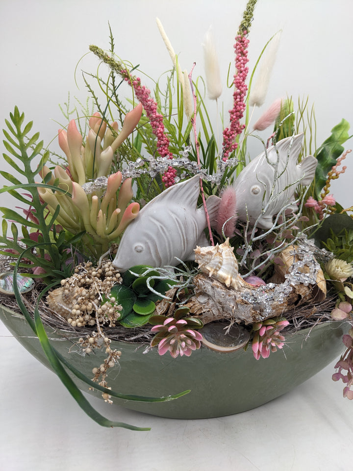 Sommergesteck Fische Gräser Schnecke maritim