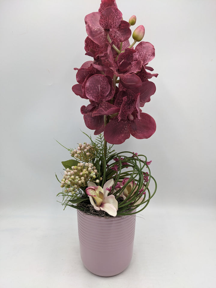 Frühlingsgesteck Orchidee Gräser rosenholz rosa