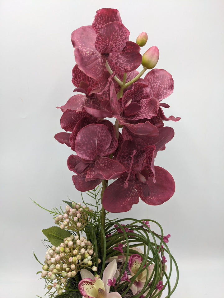 Frühlingsgesteck Orchidee Gräser rosenholz rosa