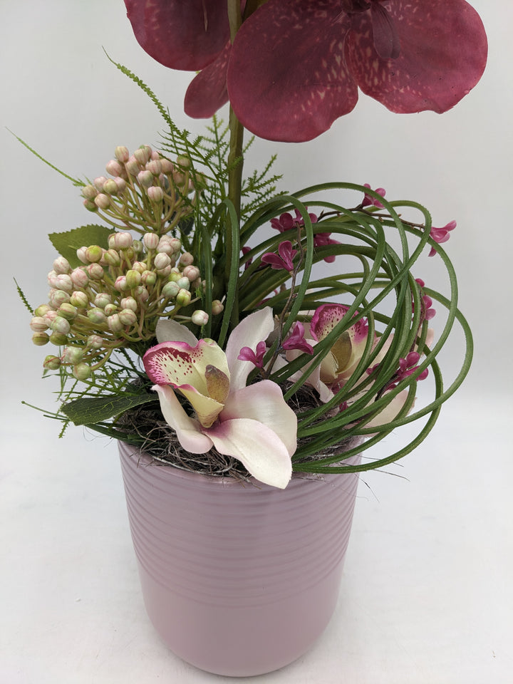 Frühlingsgesteck Orchidee Gräser rosenholz rosa