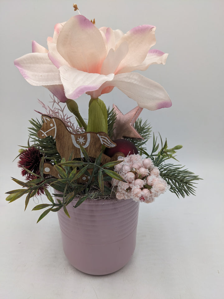 Wintergesteck Amaryllis Distel Stern rosa
