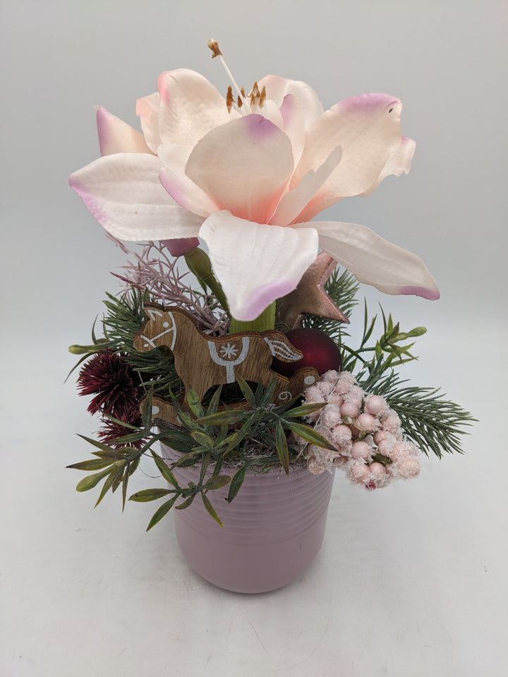 Wintergesteck Amaryllis Distel Stern rosa