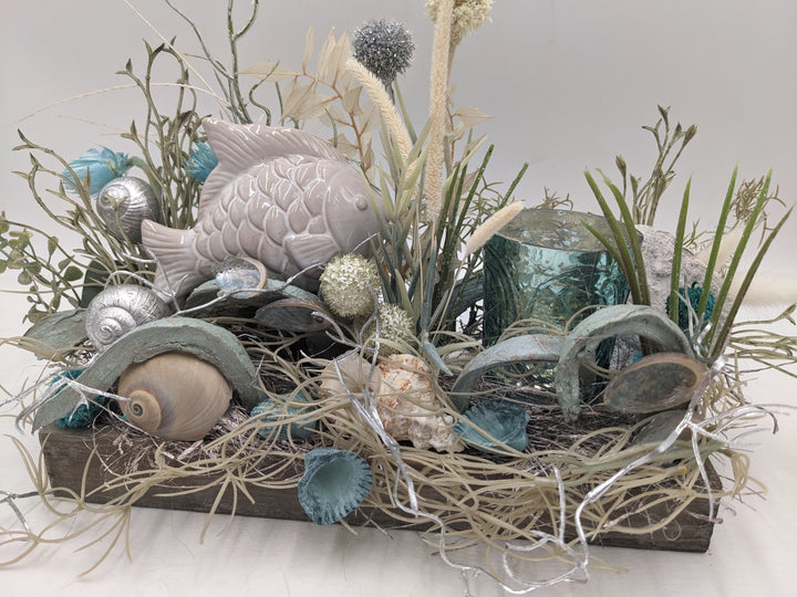 Sommergesteck Teelicht Fisch maritim türkis
