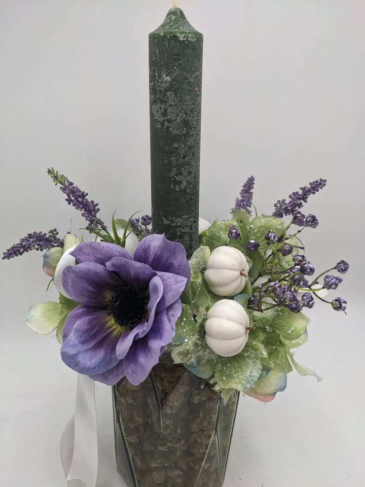 Herbstgesteck Lavendel Kürbis Horthensie weiss lila