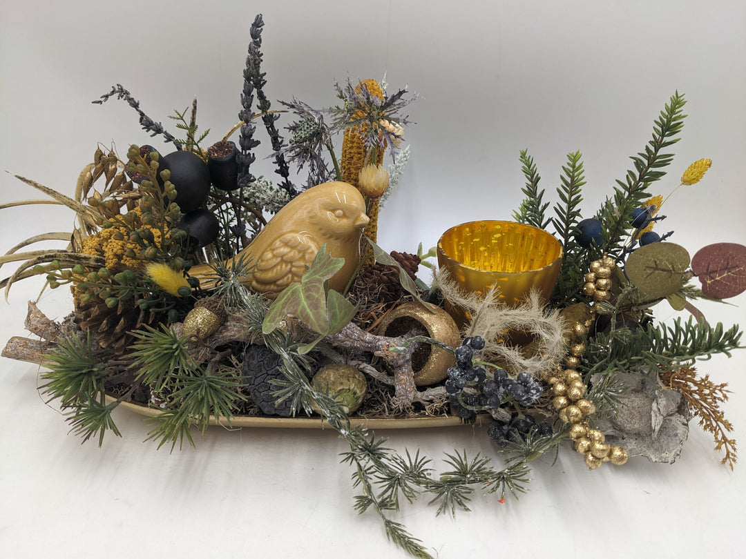 Herbstgesteck Vogel Gräser Heide gold gelb